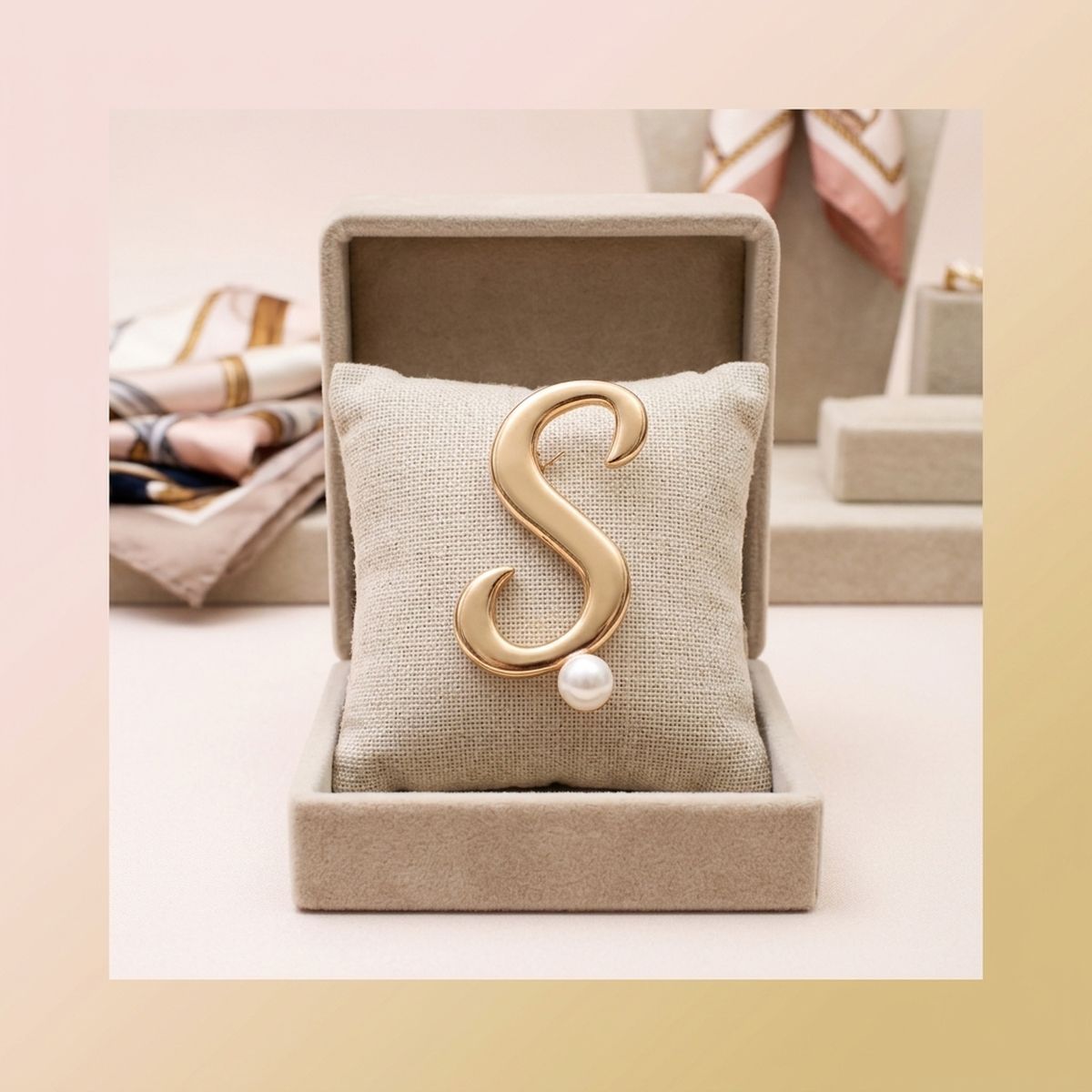 Gold Cursive S Initial Letter Pearl Brooch Pin