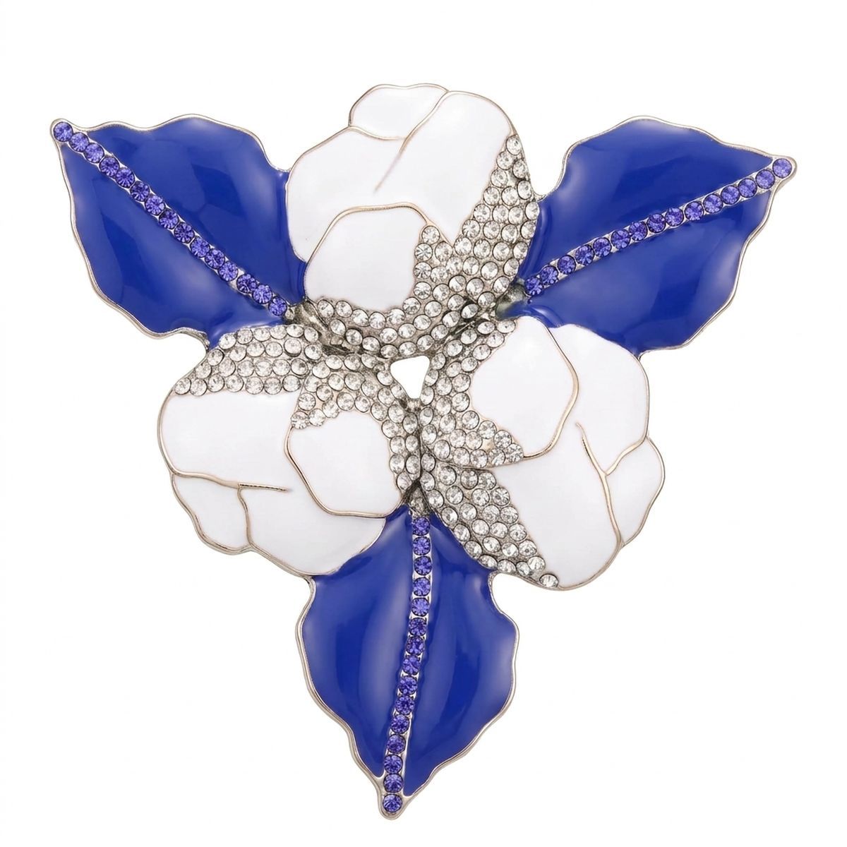 ZPB White 3 Blossom Royal Blue Leaf Brooch Pin