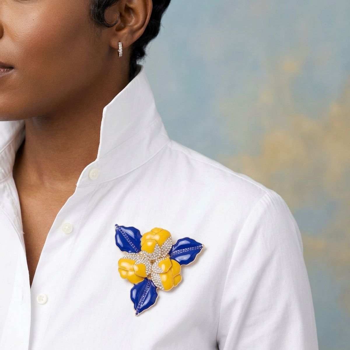 SGRHO Yellow 3 Blossom Royal Blue Leaf Brooch Pin