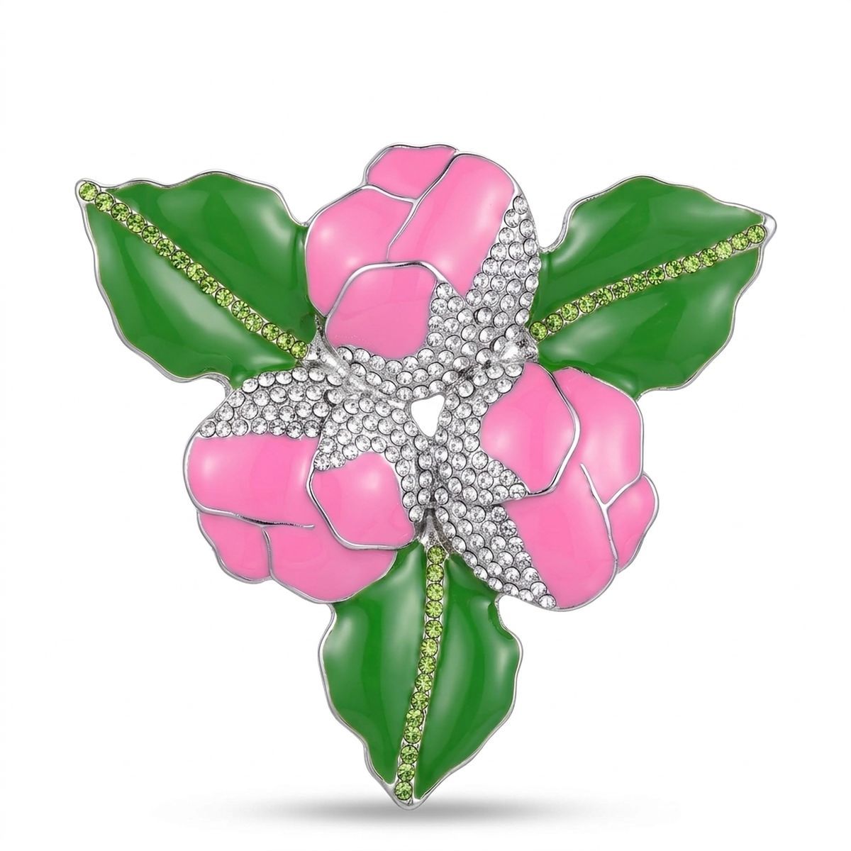 AKA Pink 3 Blossom Green Leaf Brooch Pin