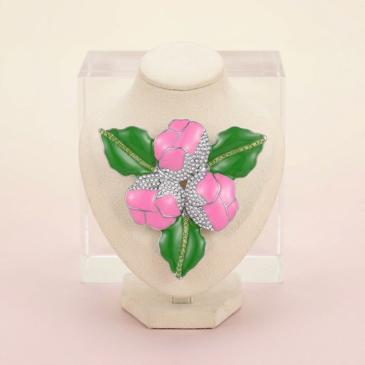 AKA Pink 3 Blossom Green Leaf Brooch Pin