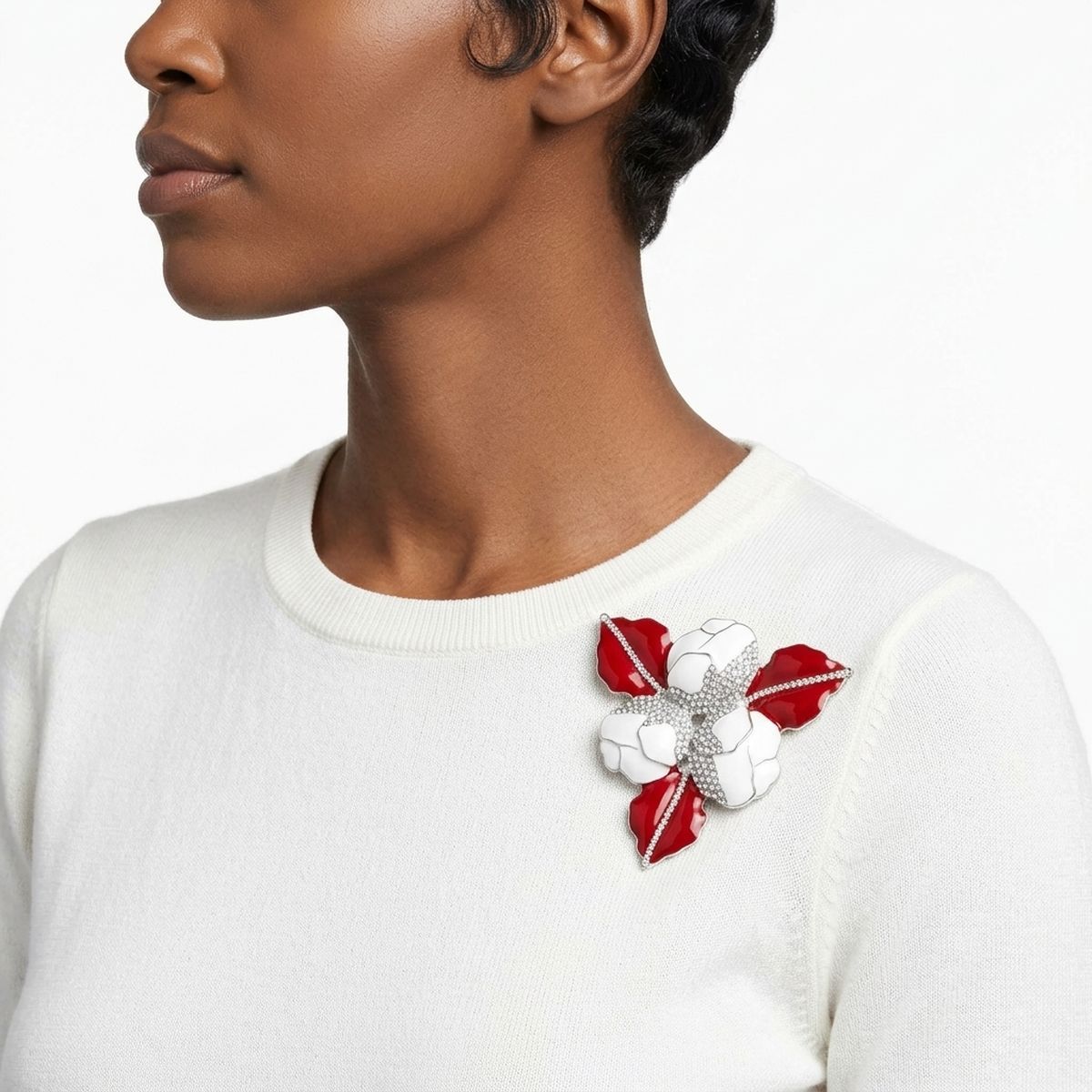 DST White 3 Blossom Crimson Red Leaf Brooch Pin