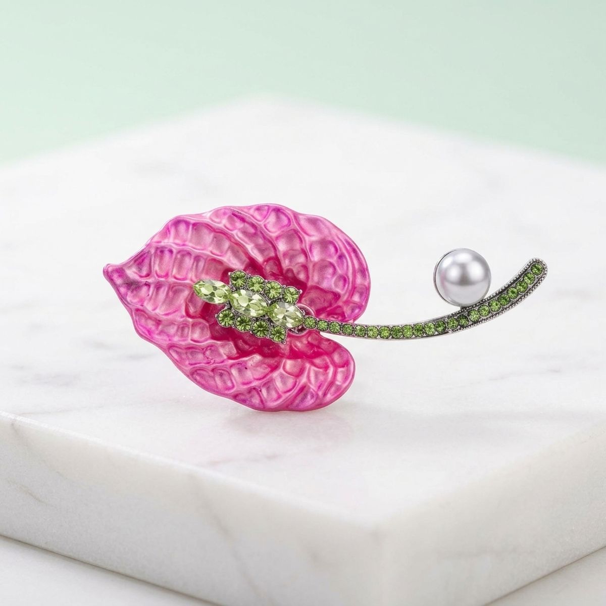 AKA Pink Lily Pearl & Green Rhinestone Brooch Pin