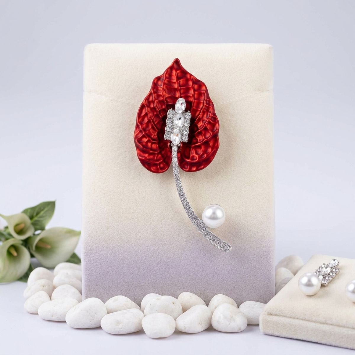 DST Crimson Red Lily Pearl & Rhinestone Brooch Pin