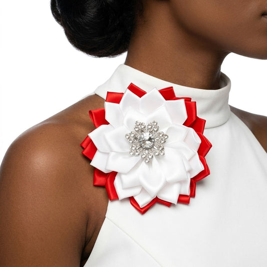 DST Red White Floral Bling Brooch and Hair Clip