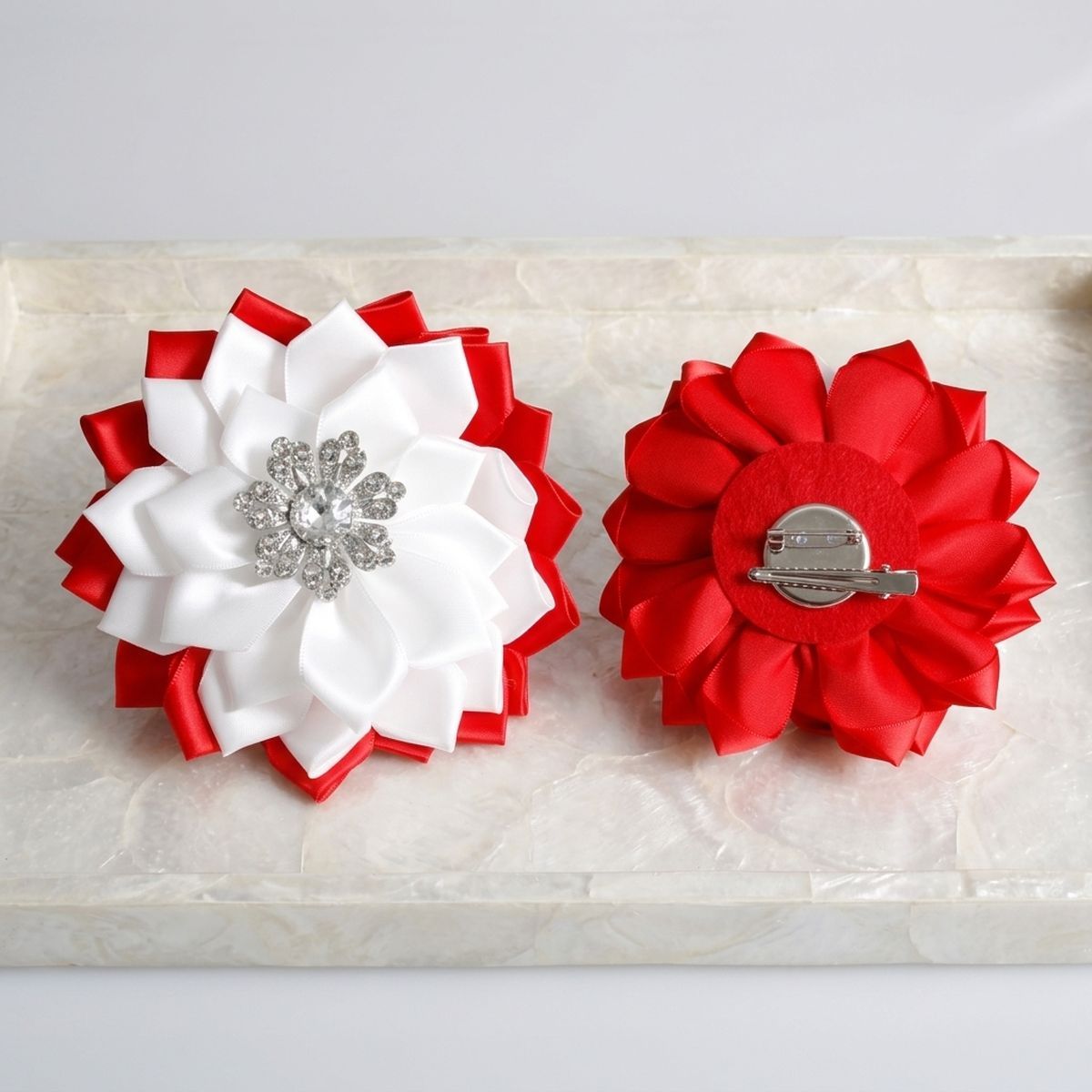 DST Red White Floral Bling Brooch and Hair Clip