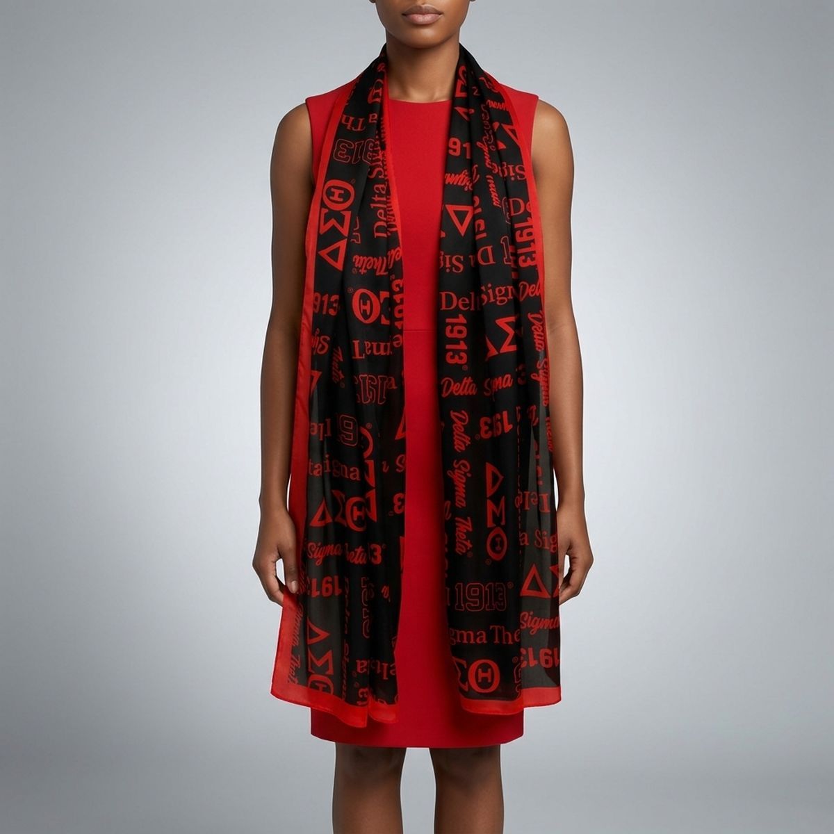 DST Long Black and Red Graphic Rectangle Scarf