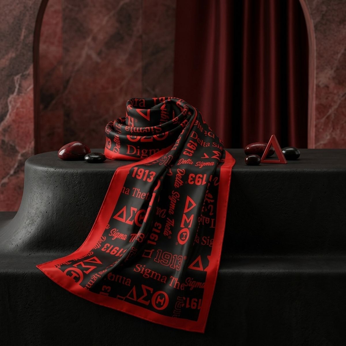 DST Long Black and Red Graphic Rectangle Scarf