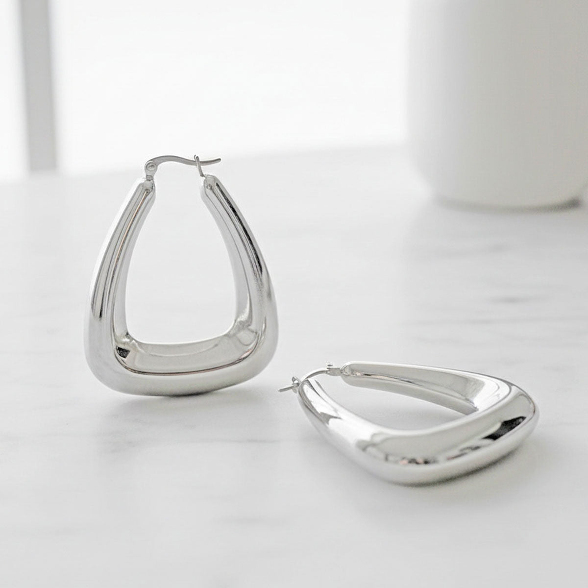 Hoop Silver Steel Trapezoid Thick Hollow Earrings