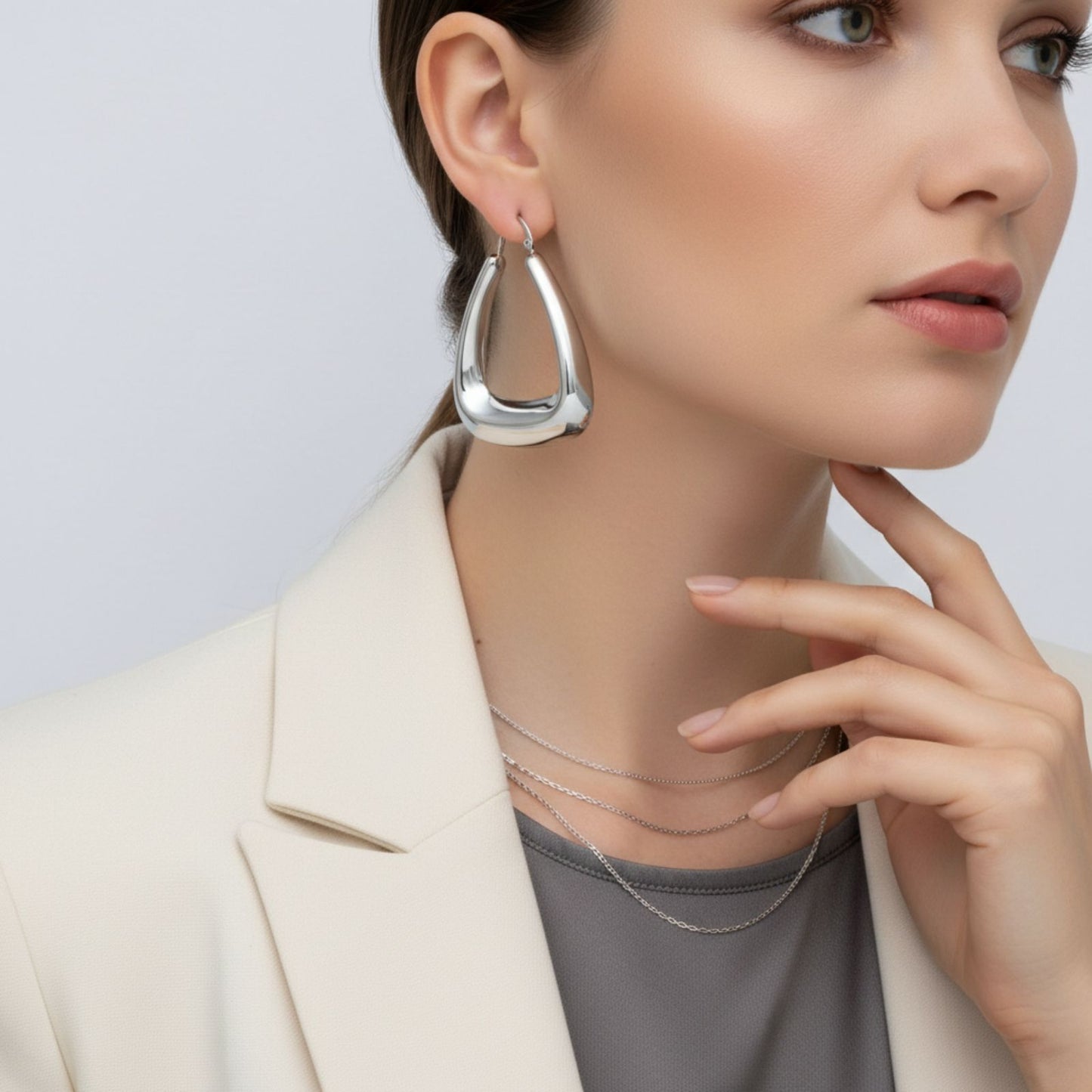 Hoop Silver Steel Trapezoid Thick Hollow Earrings