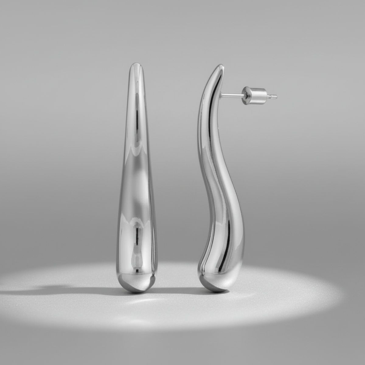 Stud Silver Steel Curved Long Teardrop Earrings