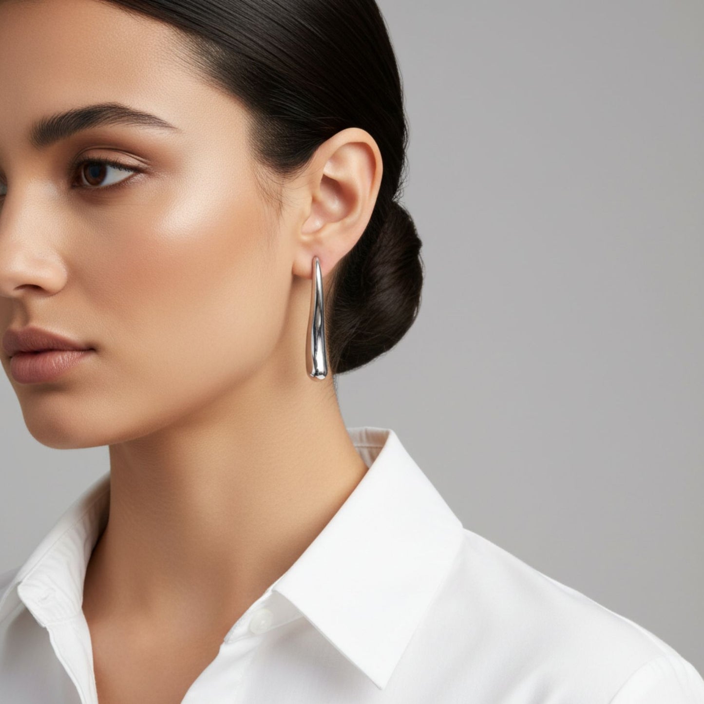 Stud Silver Steel Curved Long Teardrop Earrings