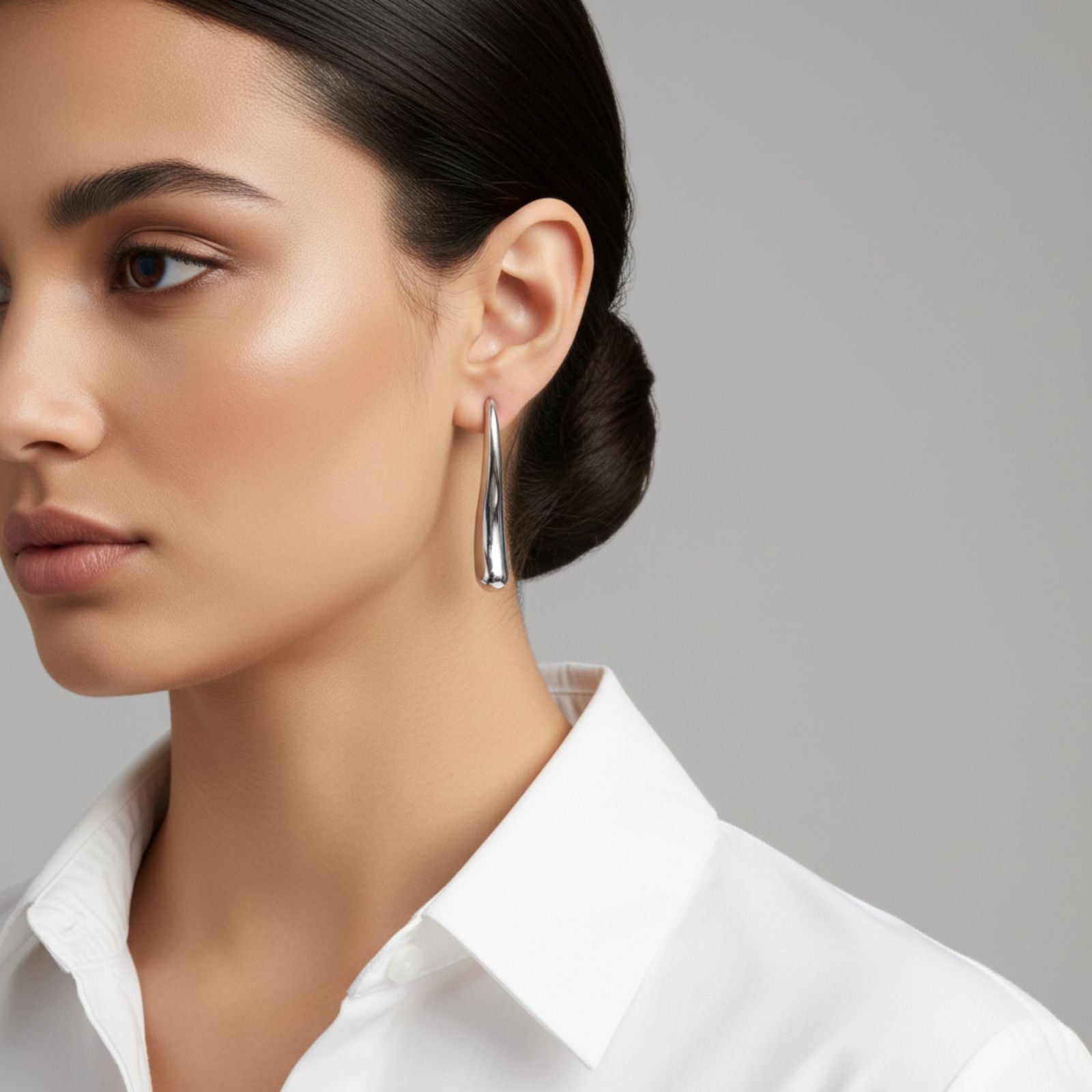 Stud Silver Steel Curved Long Teardrop Earrings