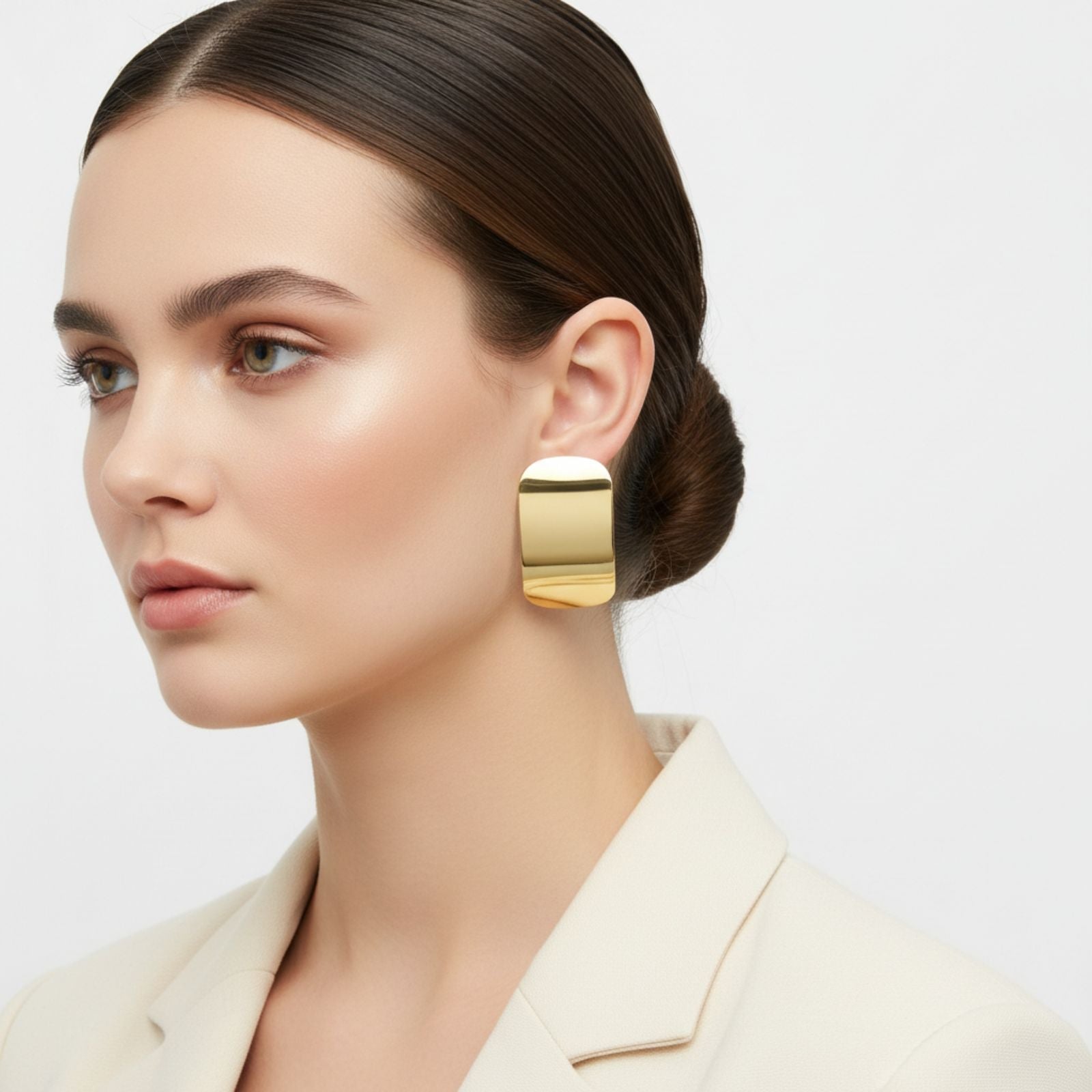 Stud 18K Gold Steel Curved Rectangle Disc Earrings