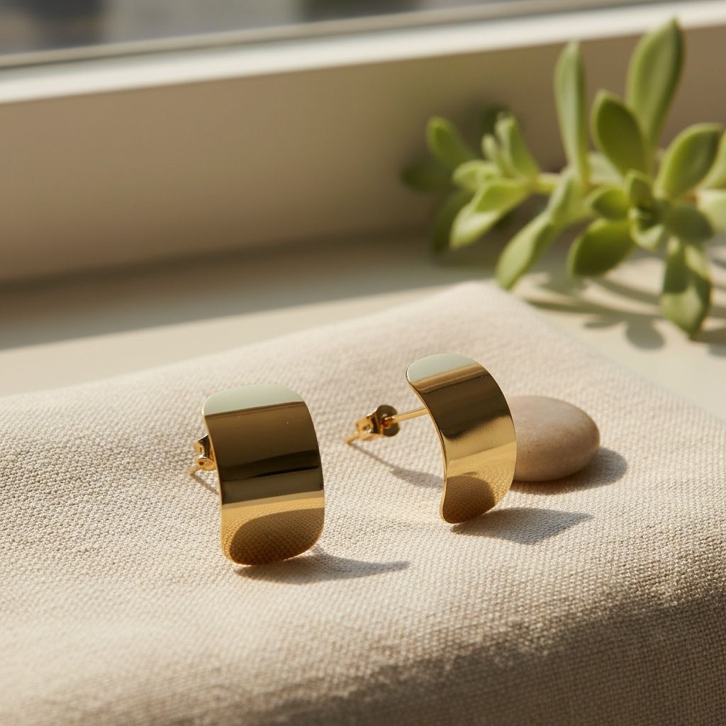 Stud 18K Gold Steel Curved Rectangle Disc Earrings
