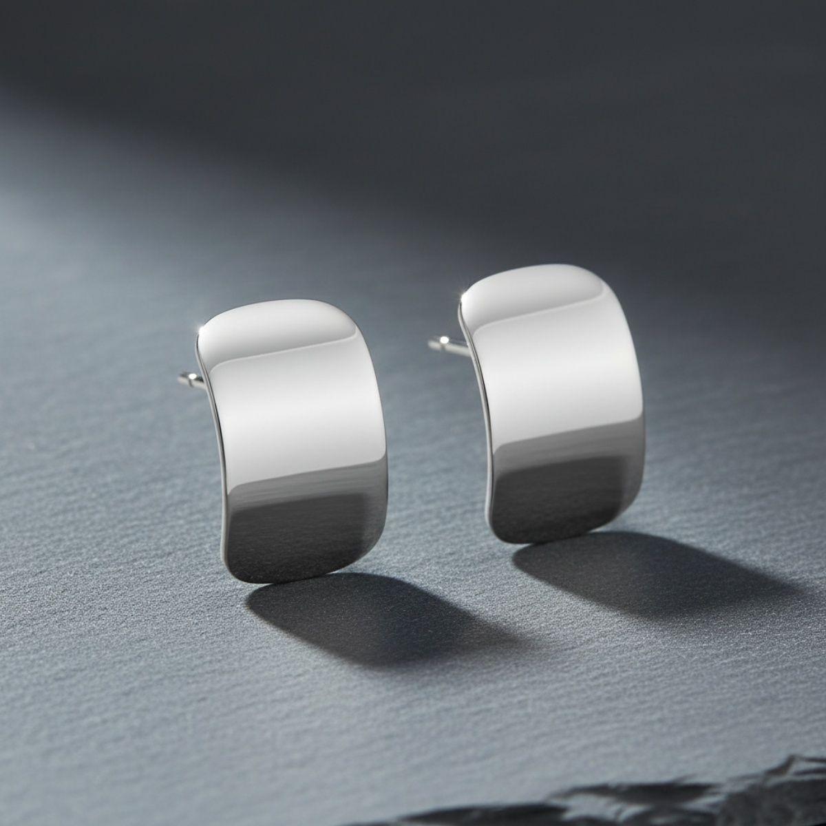 Stud Silver Steel Curved Rectangle Disc Earrings