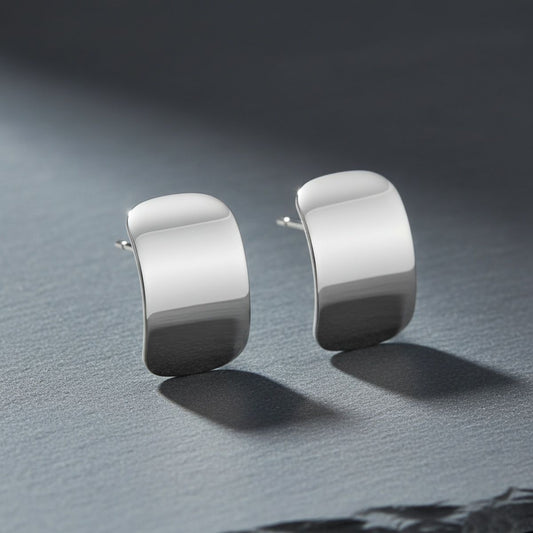 Stud Silver Steel Curved Rectangle Disc Earrings