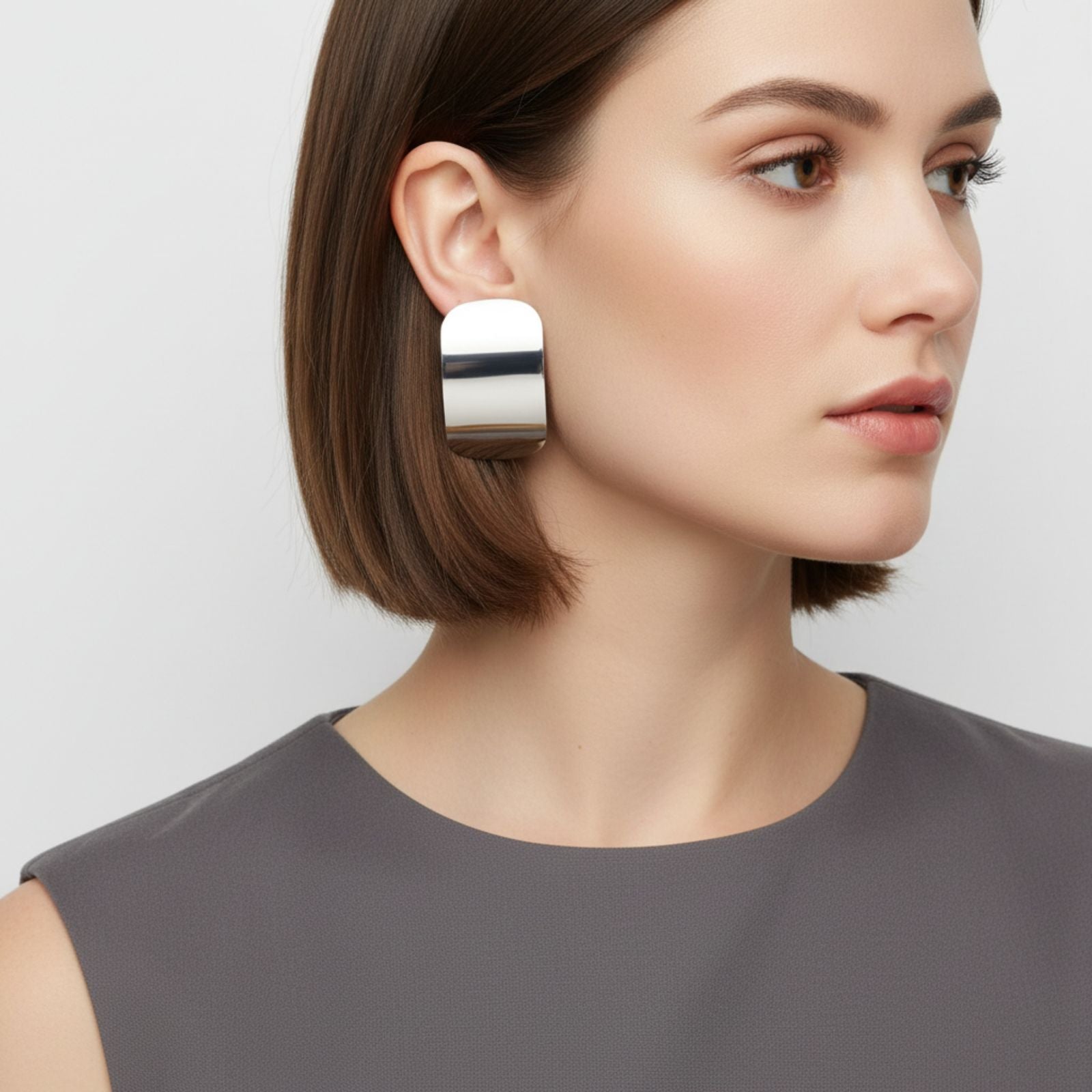 Stud Silver Steel Curved Rectangle Disc Earrings