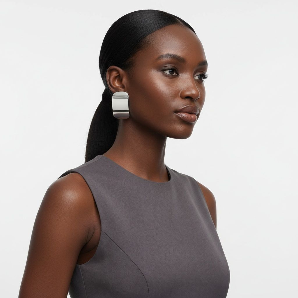 Stud Silver Steel Curved Rectangle Disc Earrings