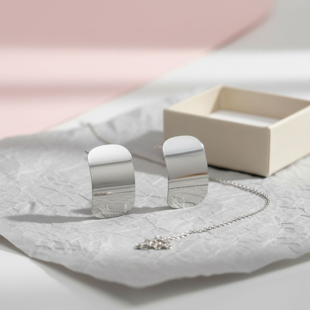 Stud Silver Steel Curved Rectangle Disc Earrings