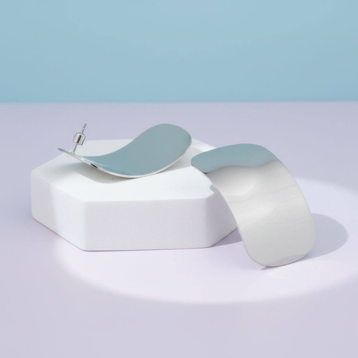 Stud Silver Steel Curved Rectangle Disc Earrings