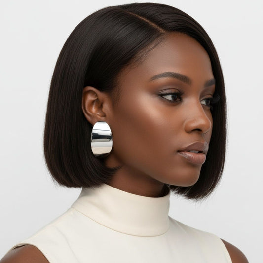 Stud Silver Steel Curved Oval Disc Earrings