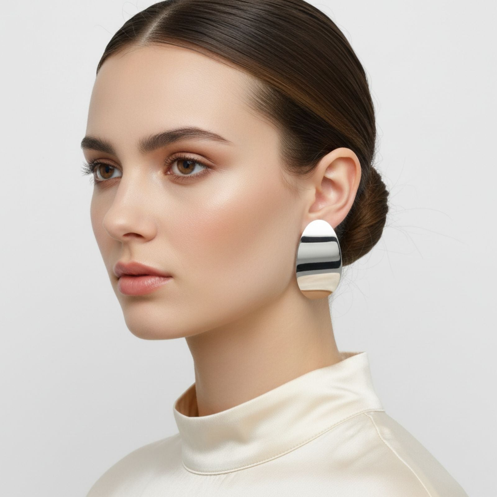 Stud Silver Steel Curved Oval Disc Earrings