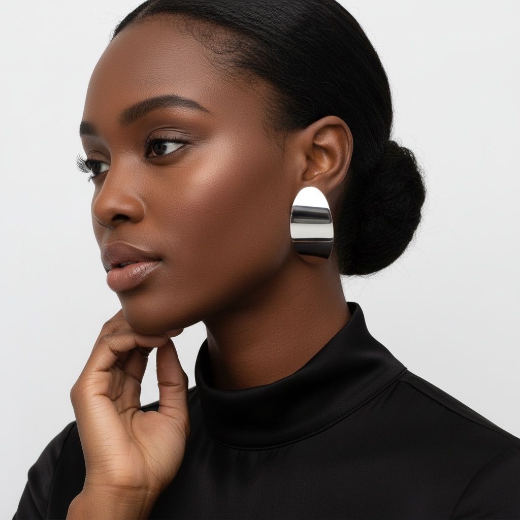 Stud Silver Steel Curved Oval Disc Earrings