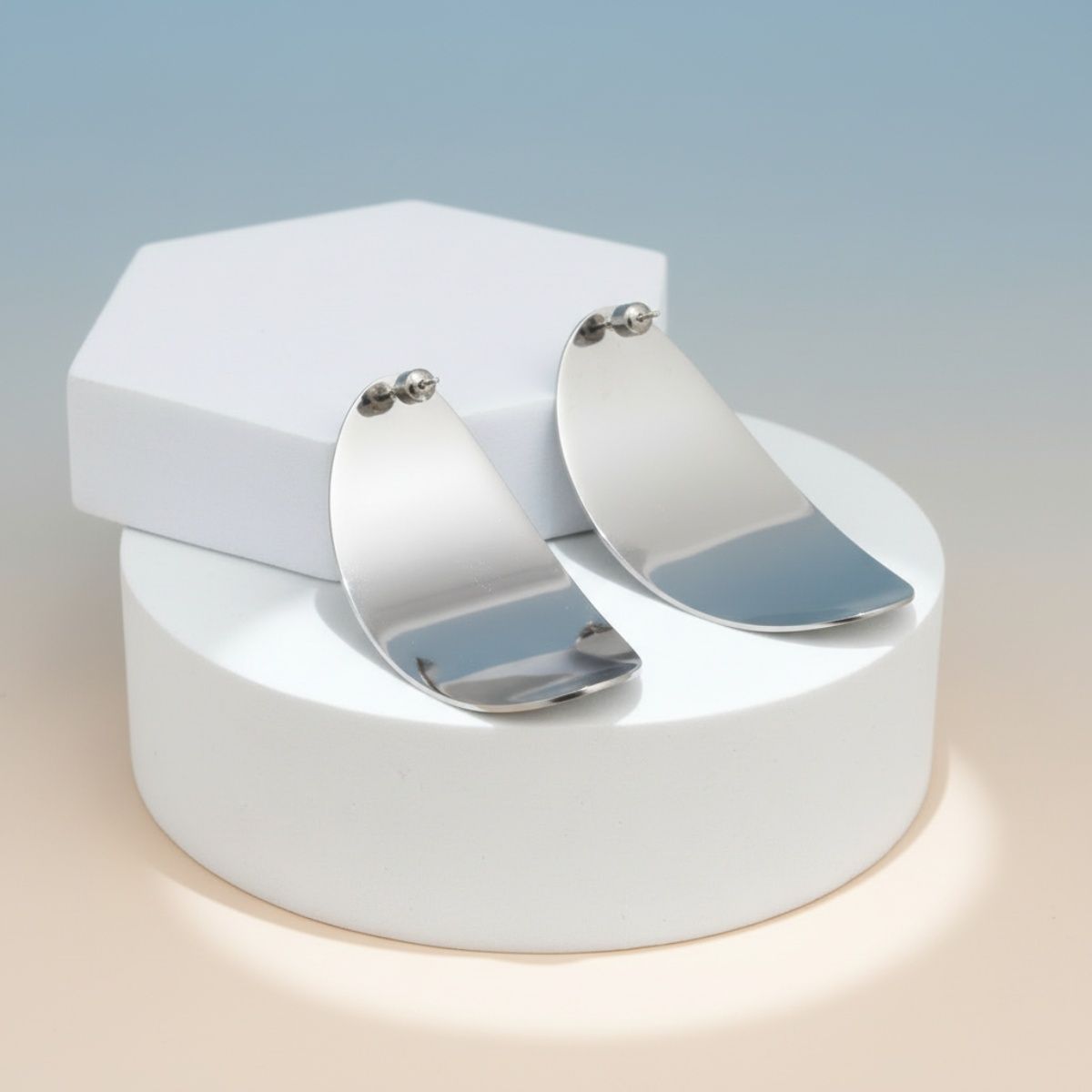 Stud Silver Steel Curved Oval Disc Earrings