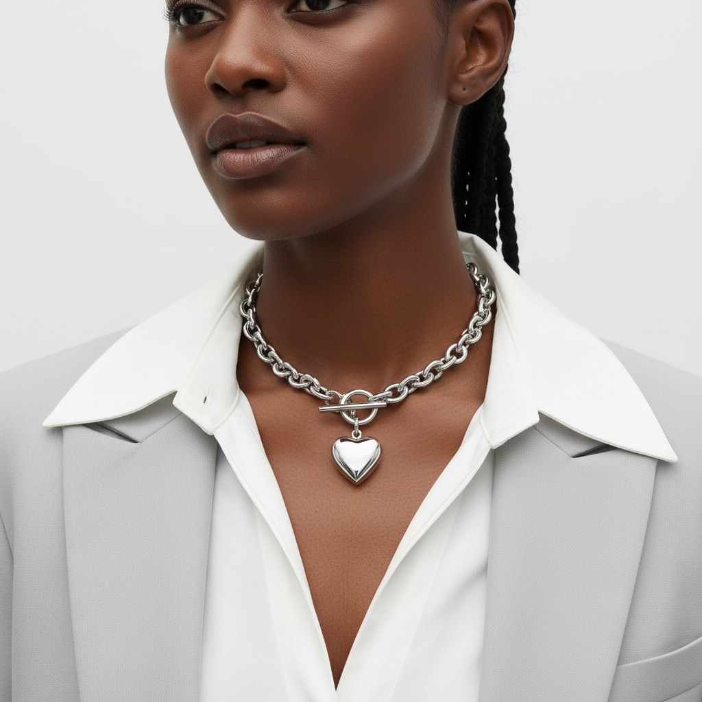 Silver Steel Toggle Heart Rolo Chain Necklace