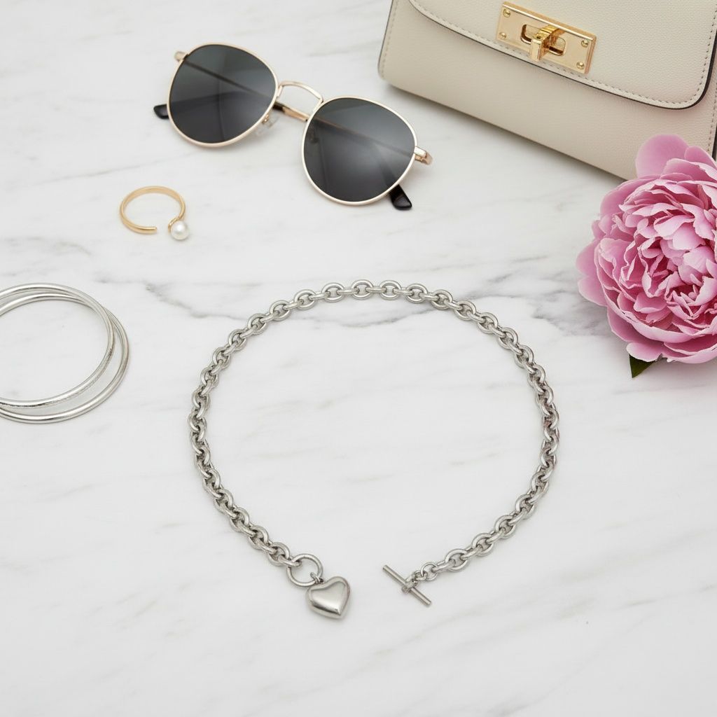 Silver Steel Toggle Heart Rolo Chain Necklace