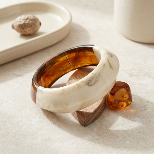 Bangle Two Tone Amber and Ivory Resin Bracelet