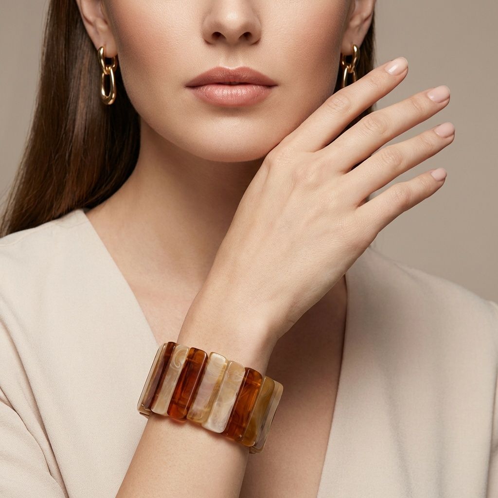 Stretch Marbled Brown Resin Rectangle Bracelet