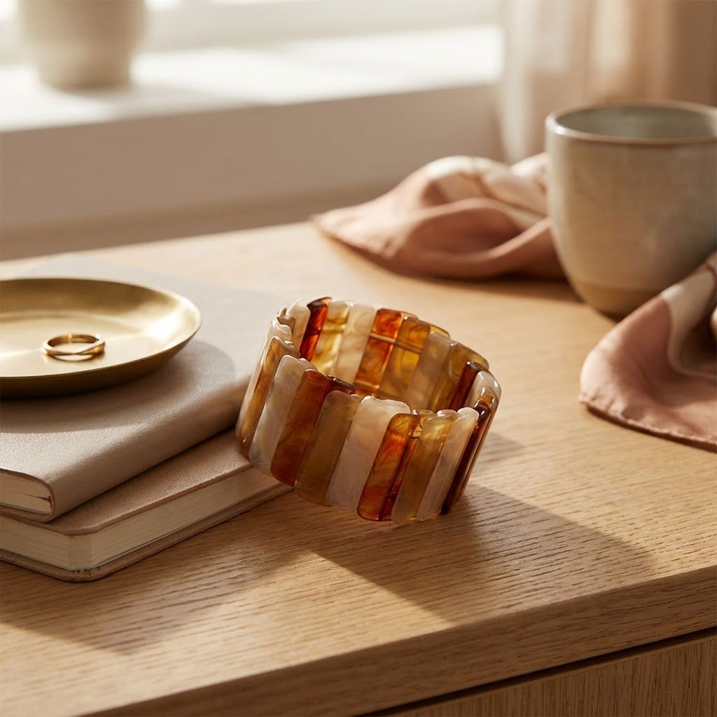 Stretch Marbled Brown Resin Rectangle Bracelet