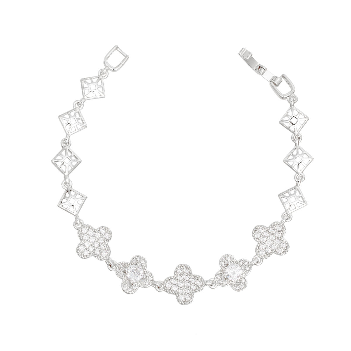 Tennis Bracelet Silver Brass CZ Clover Link Chain
