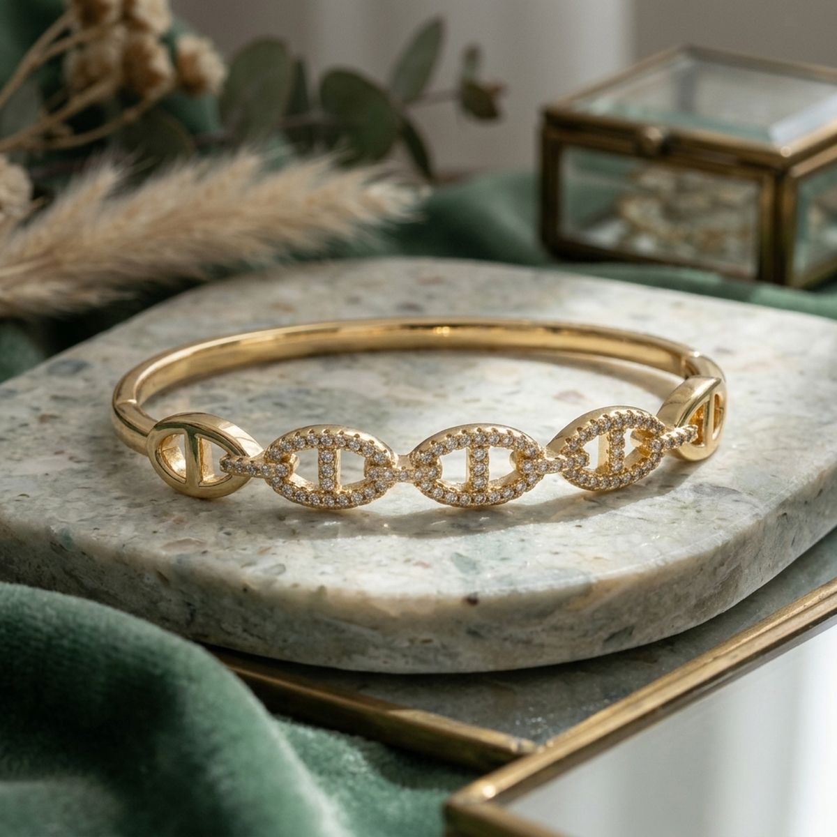 Bangle Sleek Gold Anchor Chain CZ Bracelet