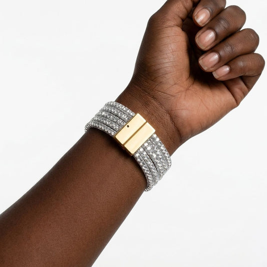 Gold 5 Strand Clear Stone Disco Ball Cuff Bracelet