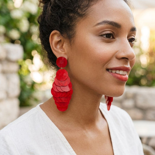 Dangle Red Swirl Shell Disc Resort Earrings