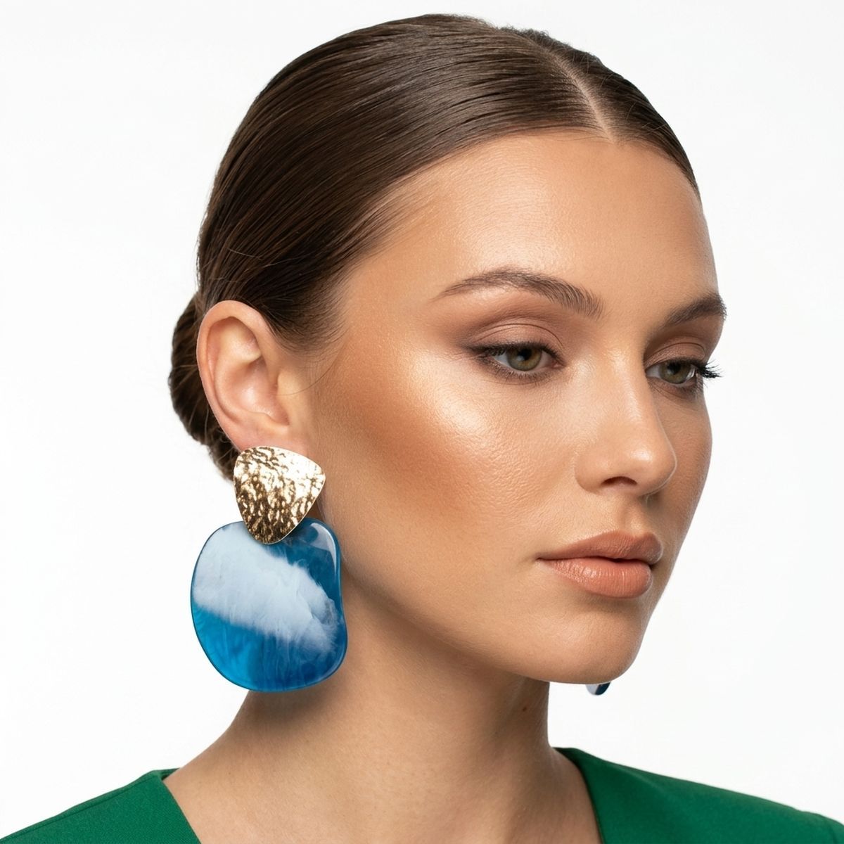Hammered Gold & Blue Resin Drop Earrings