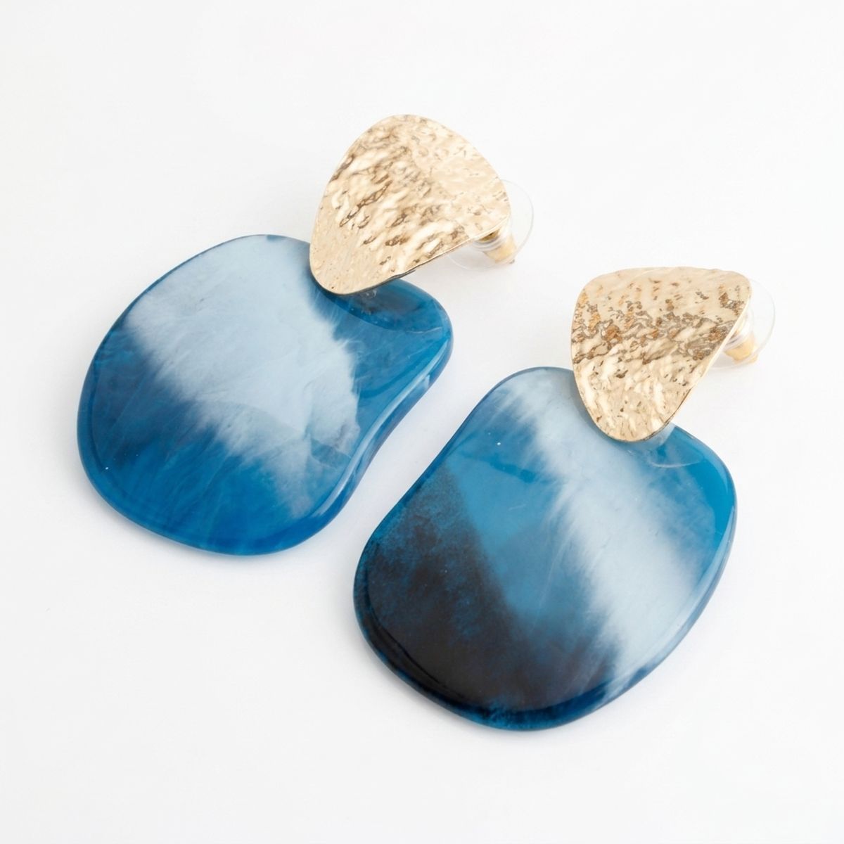 Hammered Gold & Blue Resin Drop Earrings