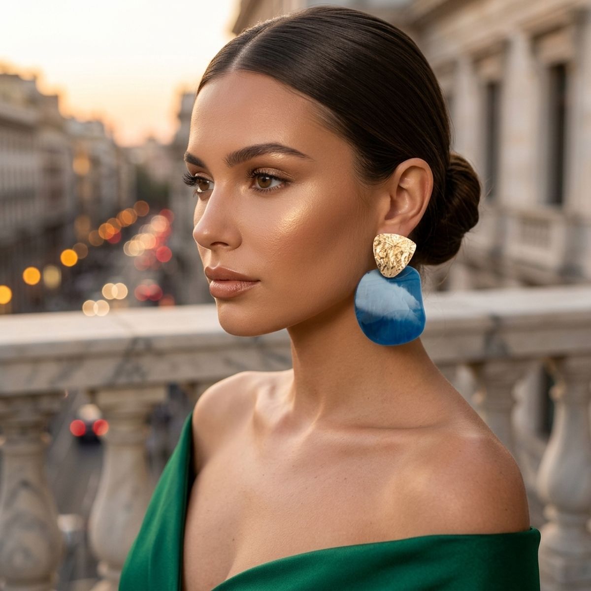Hammered Gold & Blue Resin Drop Earrings