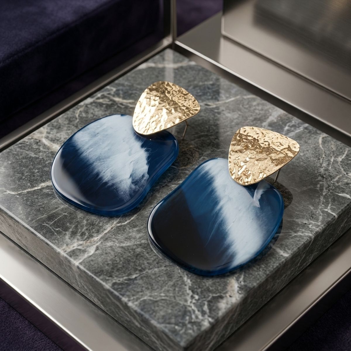 Hammered Gold & Blue Resin Drop Earrings