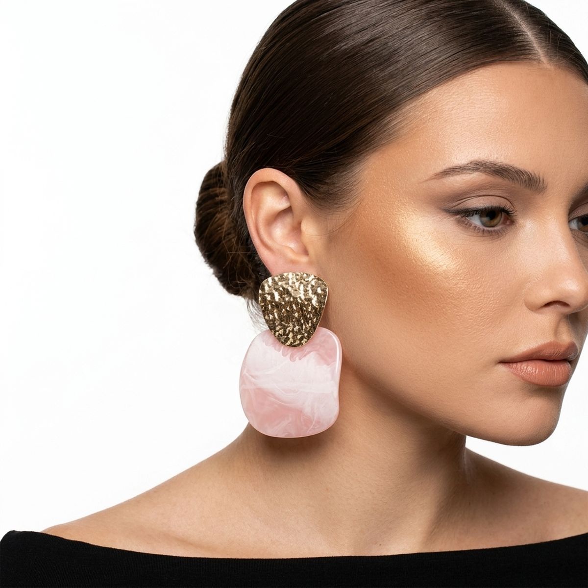 Hammered Gold & Light Pink Resin Drop Earrings