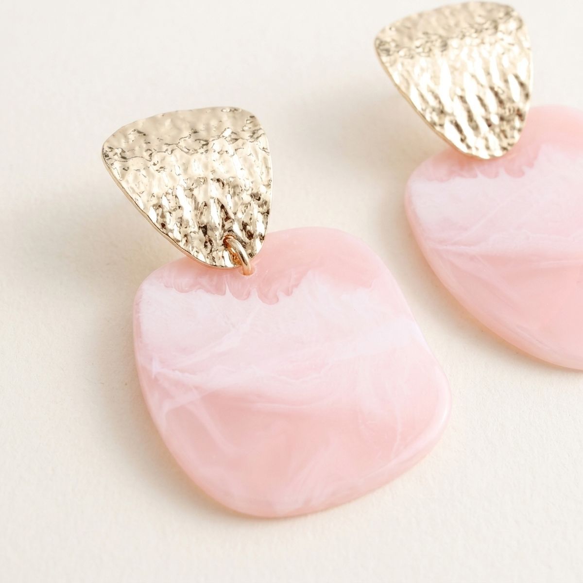 Hammered Gold & Light Pink Resin Drop Earrings