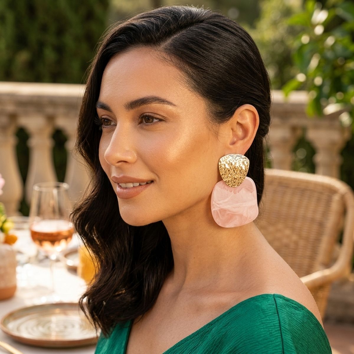Hammered Gold & Light Pink Resin Drop Earrings