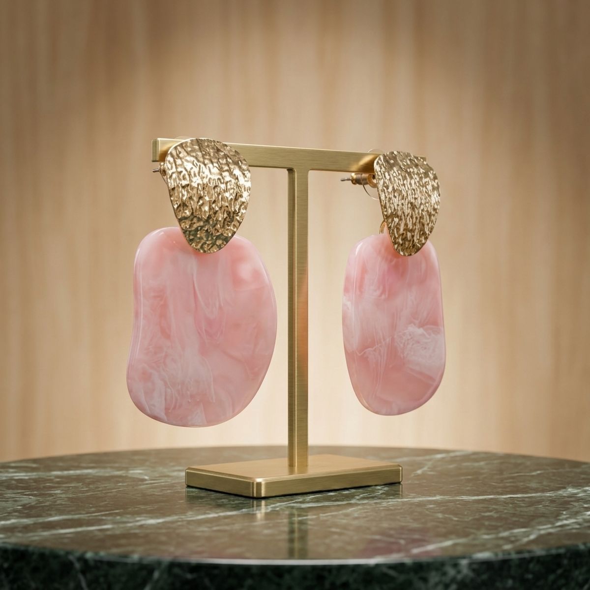 Hammered Gold & Light Pink Resin Drop Earrings