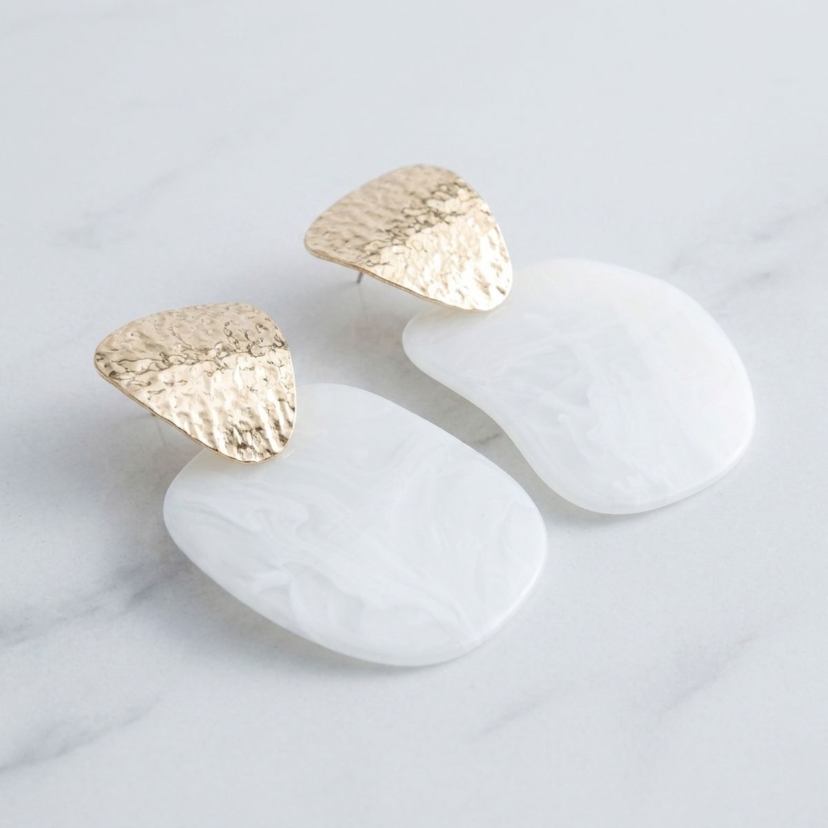 Hammered Gold & White Resin Drop Earrings
