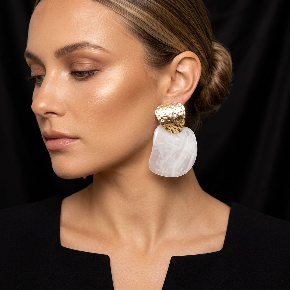 Hammered Gold & White Resin Drop Earrings