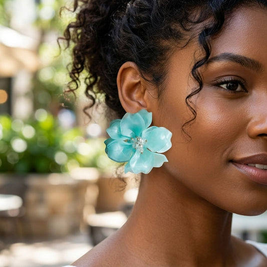 Oversized Aqua Acrylic Petal Flower Stud Earrings