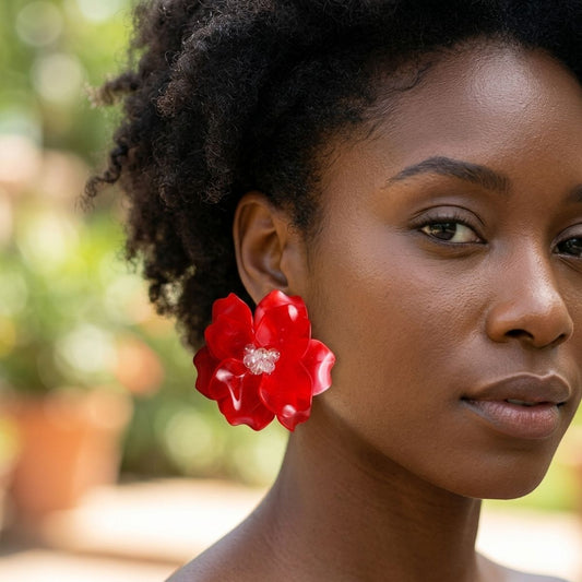 Oversized Red Acrylic Petal Flower Stud Earrings